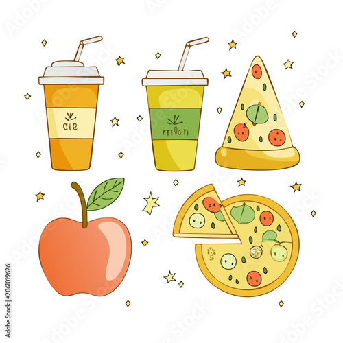Cartoon illustration of food and drinks on white background