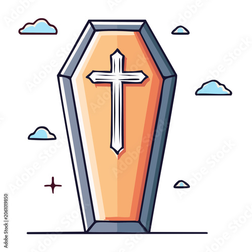 Flat design illustration of a coffin with a cross and clouds