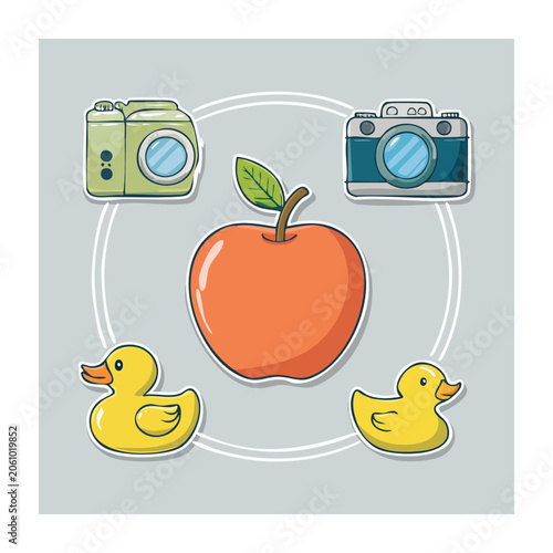Flat design illustration of apple, cameras, and rubber ducks