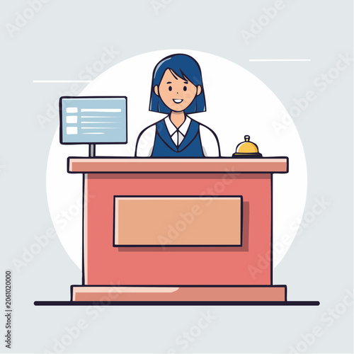 Receptionist at Counter with Computer and Bell