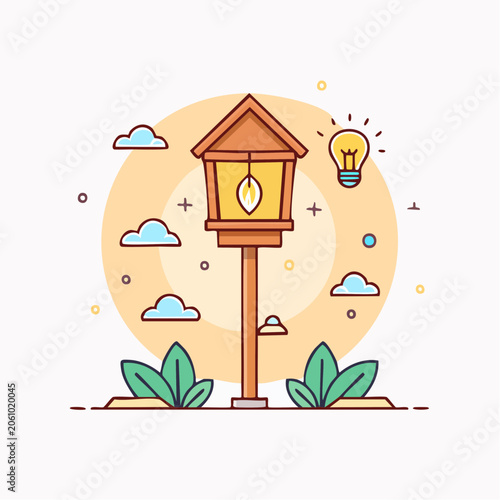 Street Lamp with Light Bulb and Clouds Illustration