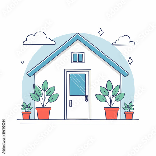 Stylized House with Potted Plants and Clouds