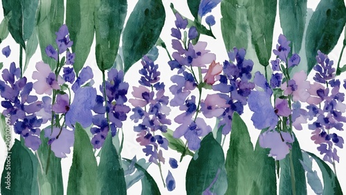 Watercolor Lavender Floral Border Illustration – Purple Flowers with Green Foliage for Design and Background Elements.