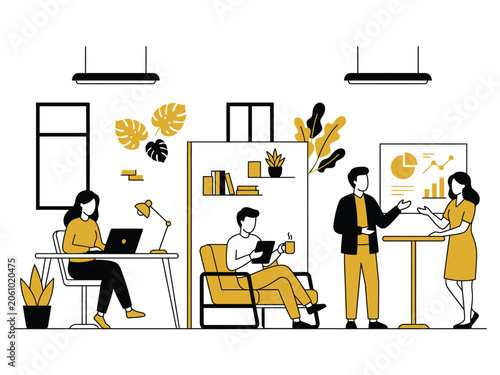 Photos Business people working in office space.