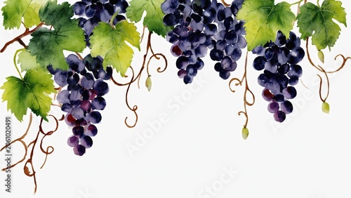 Watercolor Illustration of Lush Dark Purple Grapes Hanging from Vine with Vibrant Green Leaves, Rustic Farm Produce Still Life