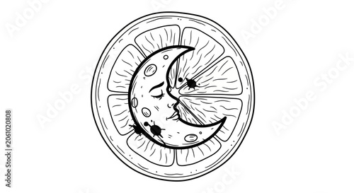 Whimsical Crescent Moon Face Resting on Juicy Orange Slice, Celestial Citrus Art