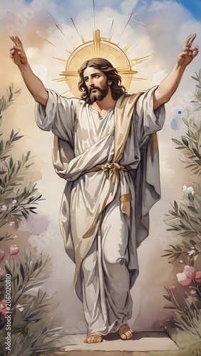 Jesus Christ with Raised Arms – Religious Illustration of Hope, Blessing, and Divine Grace in a Serene Garden Setting