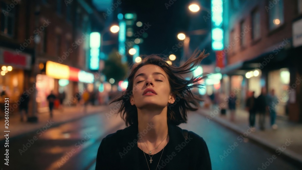 Fototapeta premium Night street lights glow softly behind her