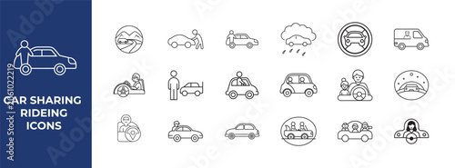 Foto Carsharing ride icons set with people driving and traveling in various vehicles