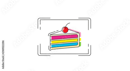 Colorful Layered Cake Slice with Cherry on Top, Minimalist Line Art Icon