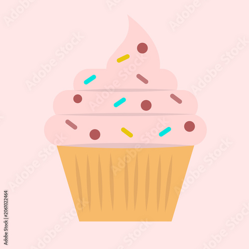 Sweet cupcake with cream and sprinkles on flat design.
