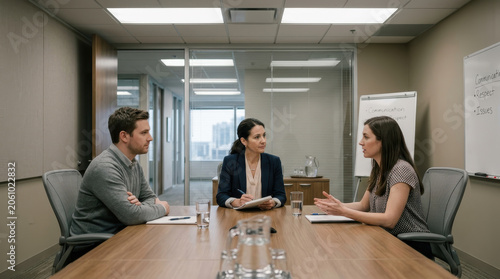Office mediation coworker employee meeting conflict discussion workplace mediator business, professional mediator guiding calm workplace conflict discussion between employee coworker inside modern
