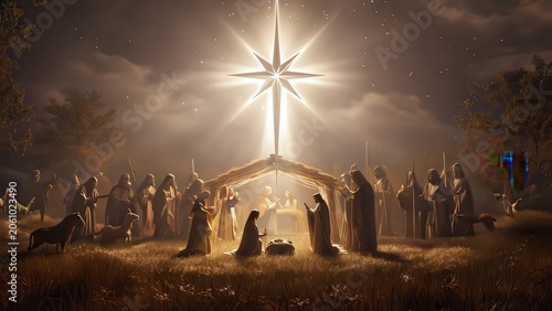 Nativity Scene with Bright Star – Adoration of the Magi, Holy Family and Shepherds in a Golden Lit Landscape