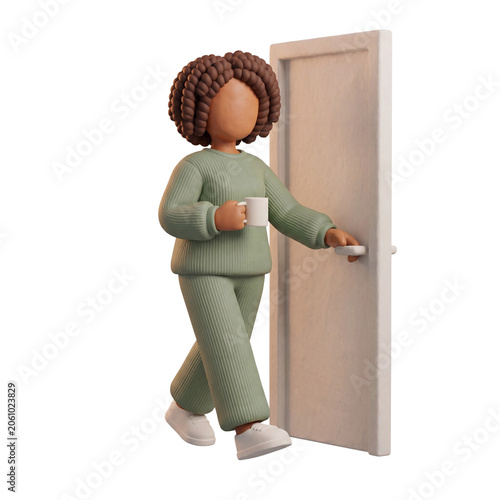 3D Claymorphism Faceless Woman Walking Opening Door Holding Mug Casual Home Lifestyle White Background