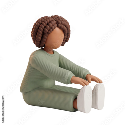 3D Claymorphism Faceless Woman Seated Floor Reaching Forward Casual Stretch Wellness Self Care White Background