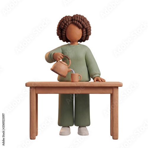 3D Claymorphism Faceless Woman Pouring Kettle Into Mug Kitchen Bench Wellness Morning Routine White Background