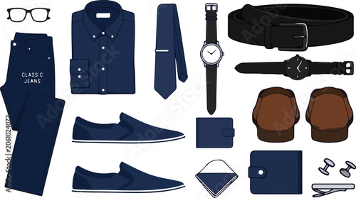 Tableau sur toile Elegant male formal wardrobe collection vector illustration with navy blue shirt