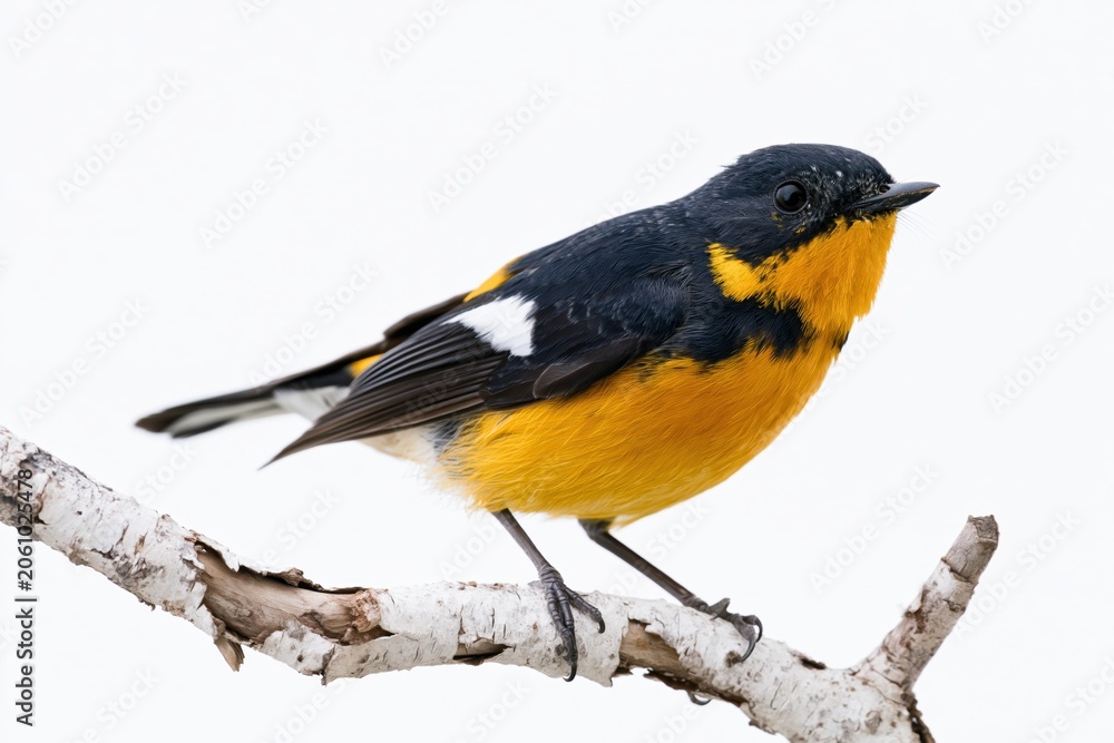 Obraz premium The Baltimore Oriole perched on a white birch branch in bright light