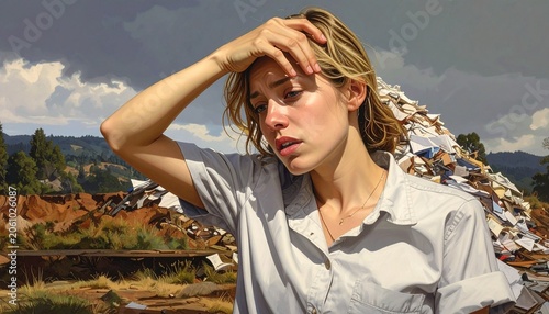 Person facing massive mound of papers under cloudy sky with sunlight breaking through, symbolizing bureaucracy, information overload, overwhelming work, and contemplation of administrative burden.