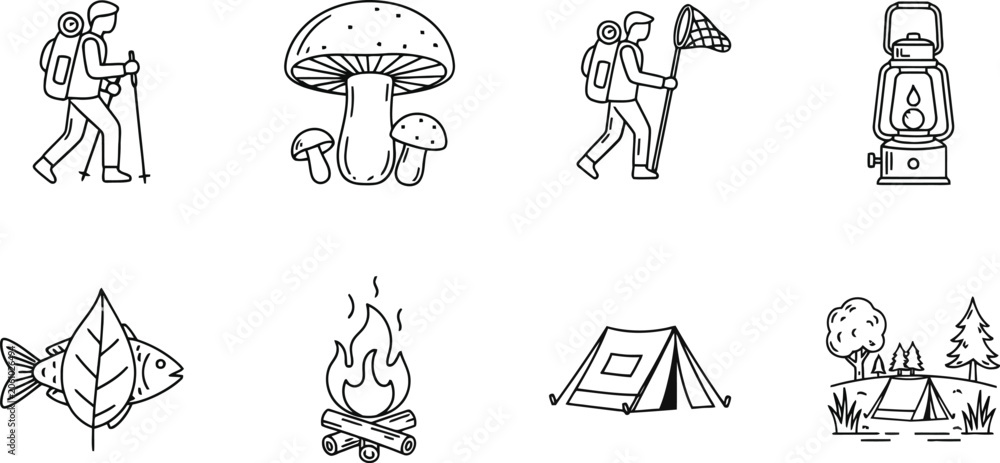 Fototapeta premium Vector silhouette camping icons set with hiking mushroom fishing and outdoor elements