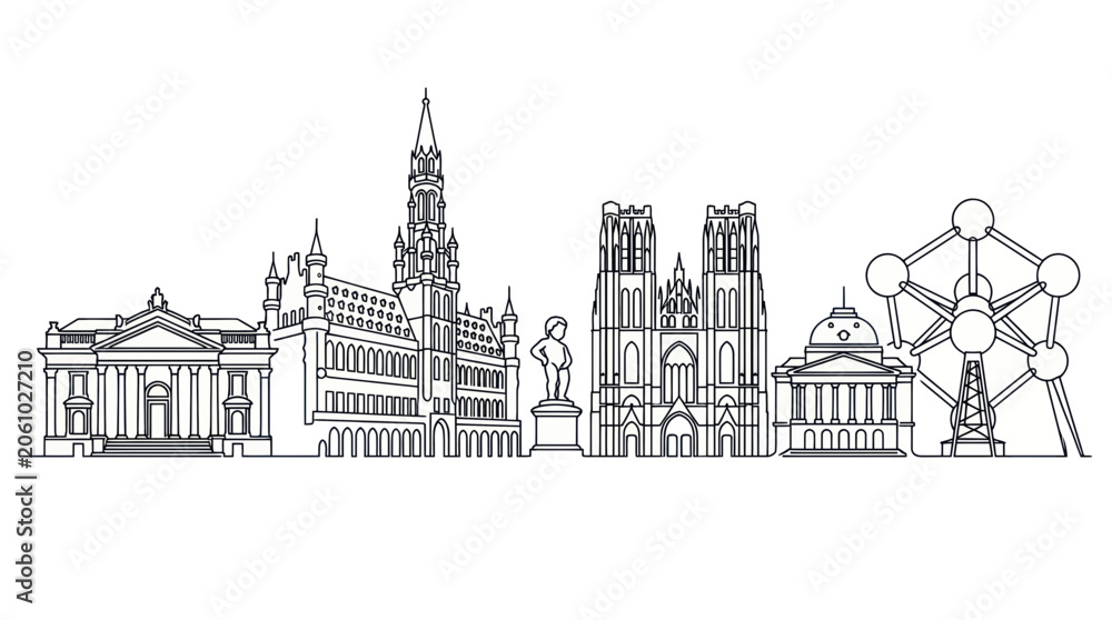 Fototapeta premium Brussels Skyline Silhouette: Iconic Landmarks in Simple Line Art