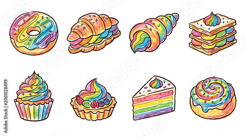 фотографія A vibrant collection of rainbow-themed desserts and pastries, including donuts, croissants, cupcakes, and cakes, all bursting with colorful frosting and fillings