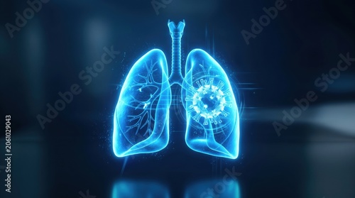 Digital lungs with highlighted infection area. Pneumonia, respiratory disease, lung inflammation, viral infection, pulmonary health and medical diagnosis concept