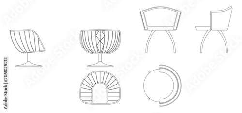 Set of modern wireframe chairs in various views showing their unique and contemporary design elements.