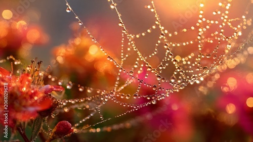  Golden Hour Macro of Dew Drops on Symmetrical Spider Web 8K.