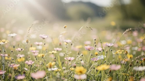 Beautiful wildflower meadow with soft sunlight and pastel colors in a natural summer landscape