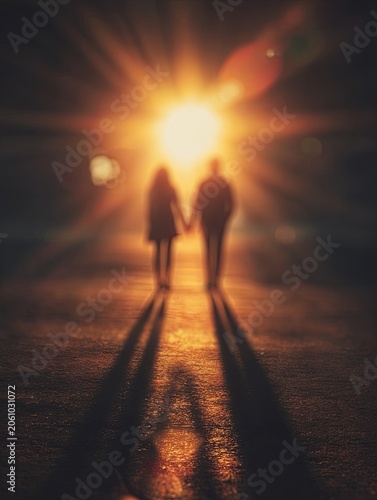 Silhouetted couple holding hands, bathed in warm sun flares and long shadows