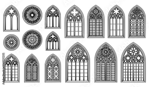 Vászonkép Gothic Cathedral Window Collection Featuring Rose Windows and Ornate Quatrefoil