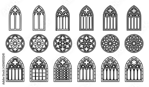 Fényképezés Gothic Window Tracery Vector Collection with Arched Cathedral Designs Rose and Q