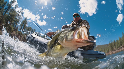 Angler catches a large bass while fishing.