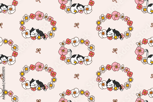 Seamless Pattern with Cartoon Cat and Flower Design on Light Pink Background. Hand Drawn Vector Illustration.