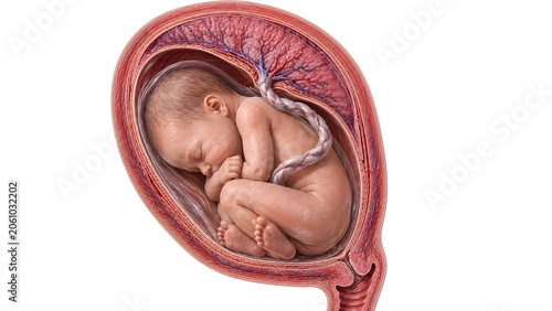 Healthy Fetus Inside Uterus Cross Section Anatomy, Realistic Medical Illustration of Full-Term Pregnancy