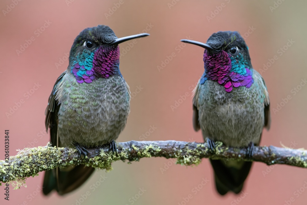 Fototapeta premium The Hummingbirds on a Mossy Branch with Iridescent Purple Gorgets