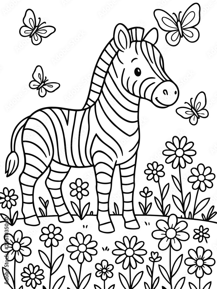 Obraz premium Cartoon Zebra with Butterflies and Flowers: A cute cartoon zebra stands in a field of daisies, with butterflies fluttering around its head, perfect for a children's coloring page or illustration.