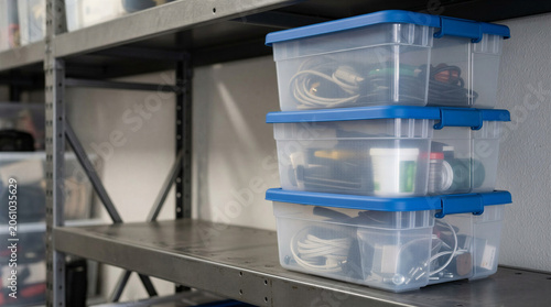Clear storage boxes filled with cables on metal shelf in garage  