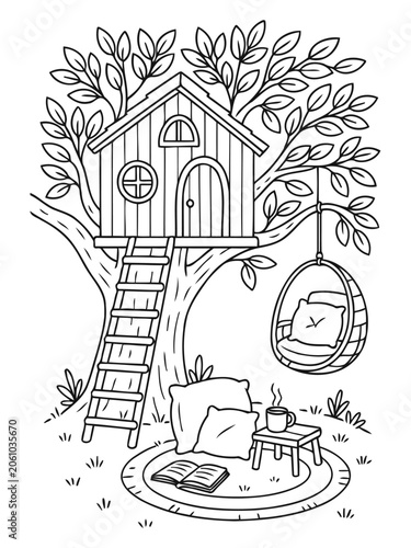 Cozy Treehouse Retreat: A charming, hand-drawn illustration depicts a whimsical treehouse nestled within a leafy tree, complete with a ladder, hanging chair, rug, books, and a steaming mug of coffee.