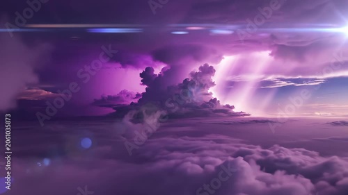 Aerial wide shot of towering magenta cumulonimbus storm clouds with volumetric rays and anamorphic flares