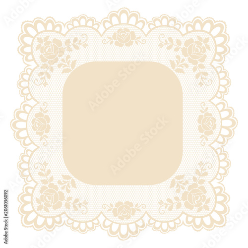 Whimsy square lace frame illustration. Vintage floral crochet border. Elegant doily embroidery handkerchief with rose ornaments and mesh texture for wedding stationery, branding and invitations.