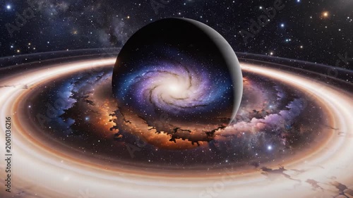 Orbital shot of a dark sphere encapsulating a spiral galaxy within fractured burnt-orange accretion rings