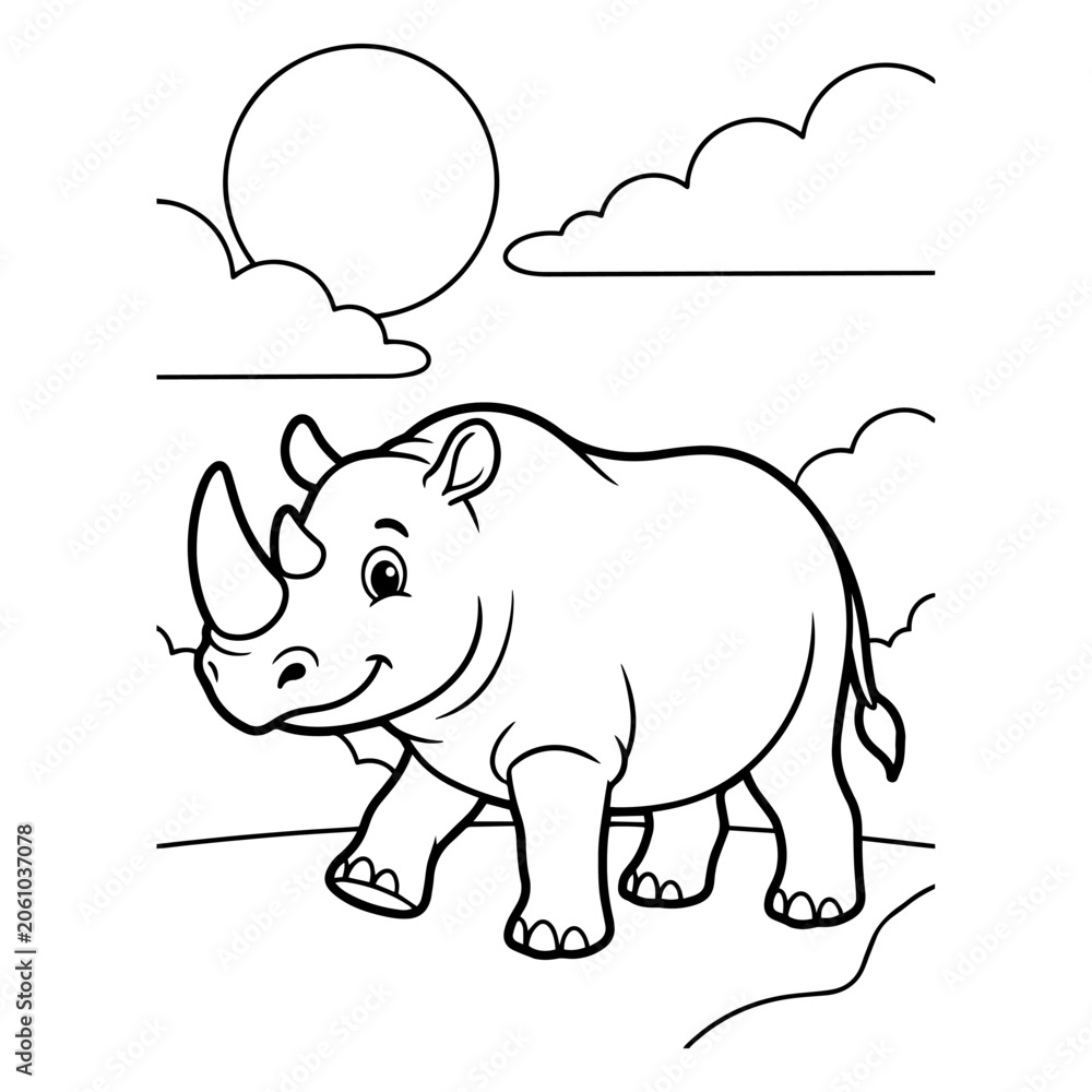 Fototapeta premium Rhinoceros walks through a sunny landscape with clouds in the background in this cheerful children coloring page illustration.