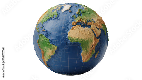 Textured globe showing continents Africa Europe South America, and parts of North America and Asia