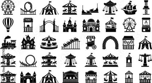 Canvastavla Amusement park and carnival vector silhouette icon set, fairground rides with ro