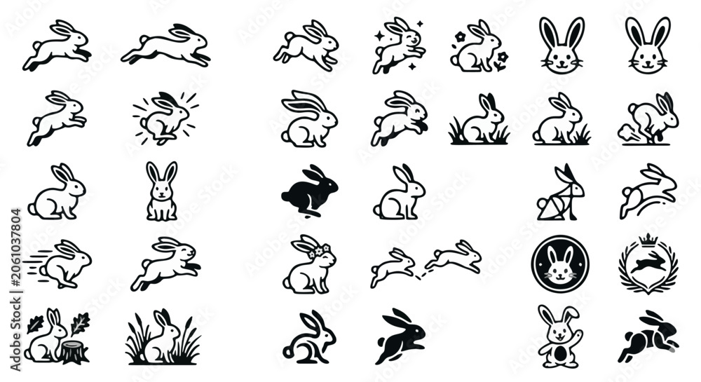 Fototapeta premium Minimalist rabbit icon set, 28 black and white bunny vector illustrations, simple line art hare symbols for logo design and branding