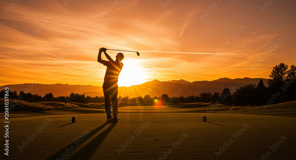Fototapeta premium Silhouette of a golfer swinging a club on a tee box. Dramatic sunset glow illuminates the golf course and mountain range. Sport and leisure concept for luxury travel and retirement marketing.