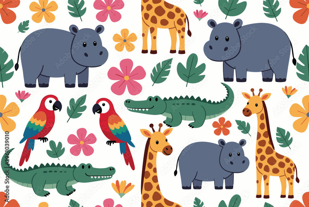 Fototapeta premium Colorful seamless pattern featuring adorable jungle animals like giraffes, hippos, crocodiles, and parrots with tropical flowers.
