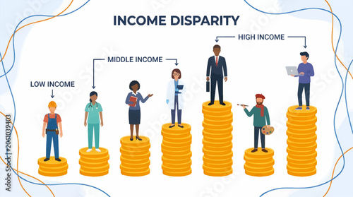 Foto Flat Design Vector Illustration of Income Disparity with Diverse Professions Sta